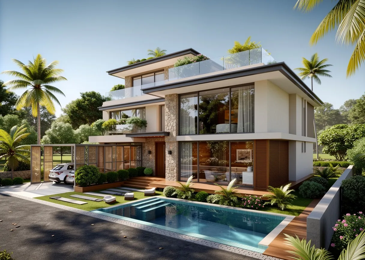 Aerial view of a contemporary villa at Sogao, Alibaug